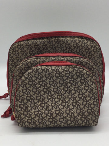 DKNY Red/Beige/Brown 3 Pc Makeup Bags