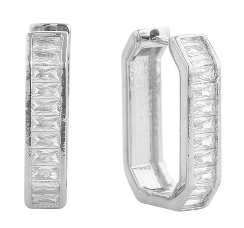 Emerald CZ Stone Paved Huggie Hoop Earrings - White Gold Dipped