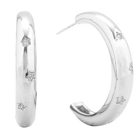 Star CZ Stone Paved Hoop Earrings - White Gold Dipped