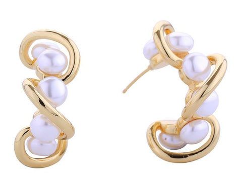 Wavy Cluster Pearl Hoop Earrings - 14K Gold Dipped