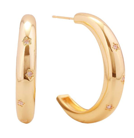 Star CZ Stone Paved Hoop Earrings - 14K Gold Dipped