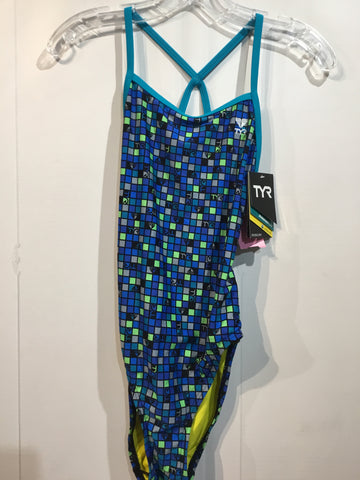 TYR Size L/12-14 Blue/Turquoise/Lime Green/Grey Bathing Suit