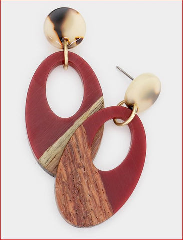 Cut Out Oval Resin Wood Dangle Earrings - Wine