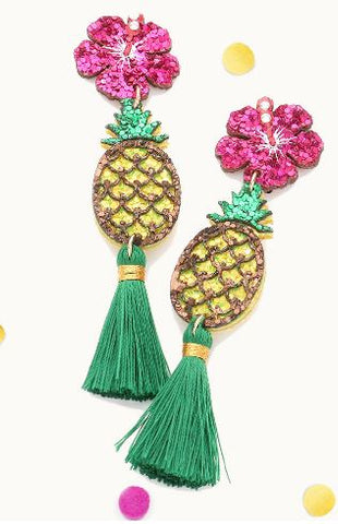 Glittered Flower Pineapple Tassel Link Dangle Earrings -  Multi Colored