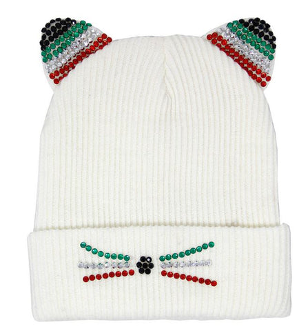 Crystal Embellished Cat Ear Beanie Hat - Ivory