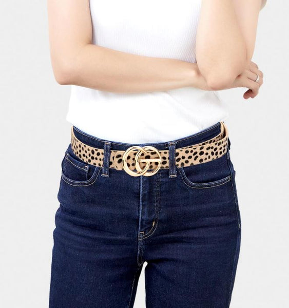 Buckle Accented Animal Patterned Faux Leather Belt - Beige