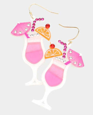 Glittered Resin Orange Cocktail Dangle Earrings - Pink