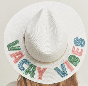 "Vacay Vibes"   Sequin Message Straw Panama Sun Hat - White