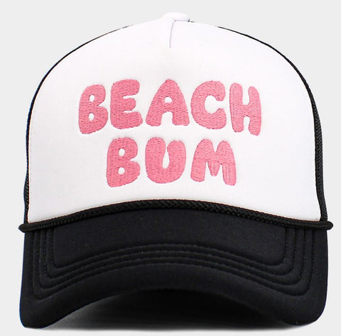 "BEACH BUM"  Message Embroidered Mesh Back Trucker Hat - Black