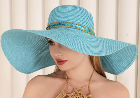 Sequin Band Pointed Straw Sun Hat - Blue