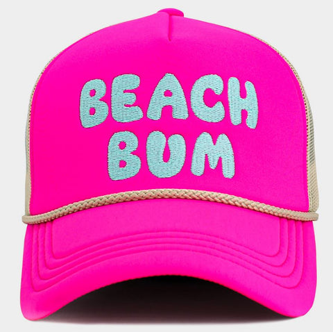 "BEACH BUM"  Message Embroidered Mesh Back Trucker Hat - Pink