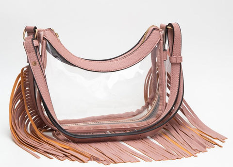 Faux Leather Fringe Transparent Crossbody Bag - Pink