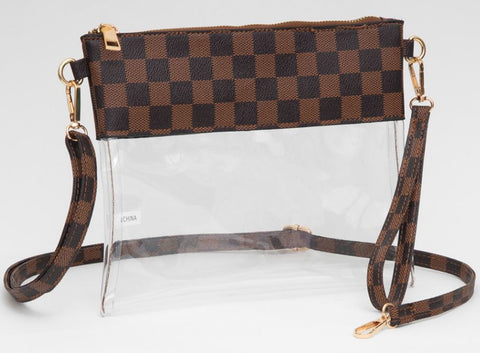Checkered Printed Transparent Flap Crossbody Bag / Clutch - Brown