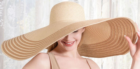Striped Floppy Straw Sun Hat - Beige