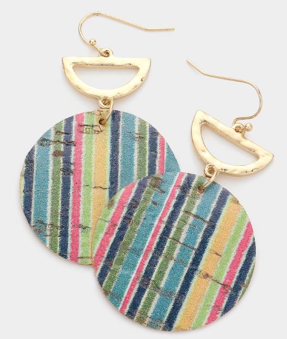 Geometric Patterned Faux Leather Round Link Dangle Earrings - Multi Colored