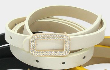 Stone Embellished Open Rectangle Buckle Faux Leather Belts - White