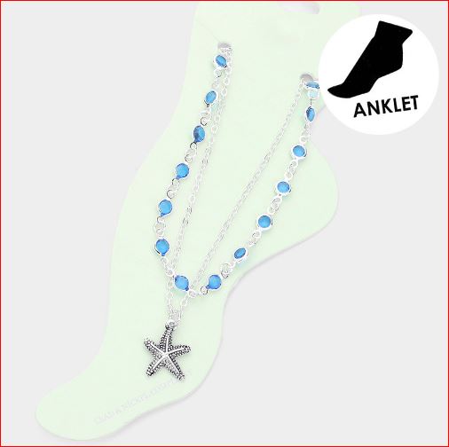 Metal Starfish Charm Round Bead Link Double Layered Anklet - Blue