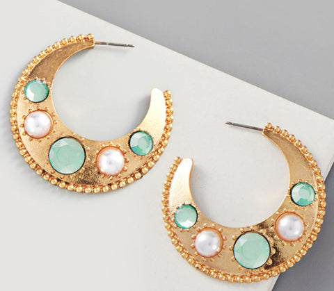 Pearl Bead Embellished Metal Hoop Earrings - Mint