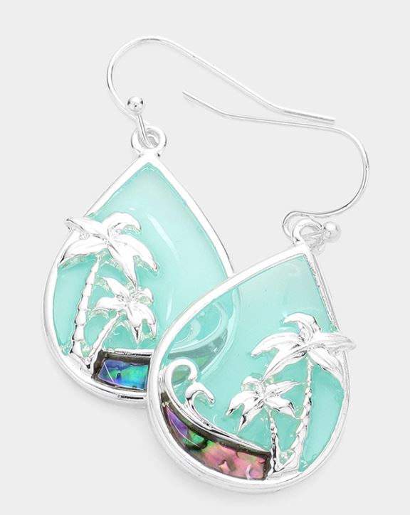 Wave Palm Tree Accented Abalone Teardrop Dangle Earrings - Mint