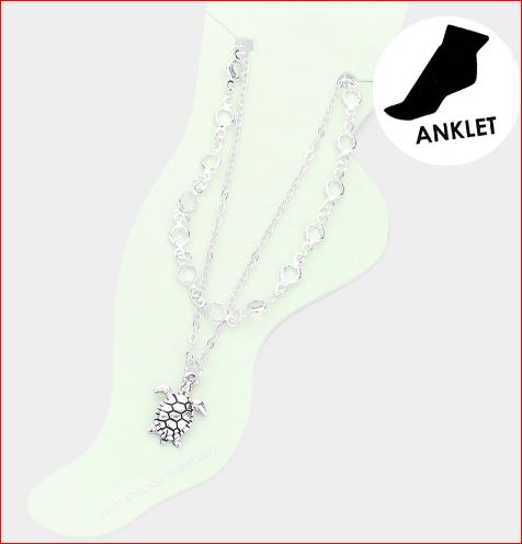 Metal Turtle Charm Round Bead Link Double Layered Anklet - Clear