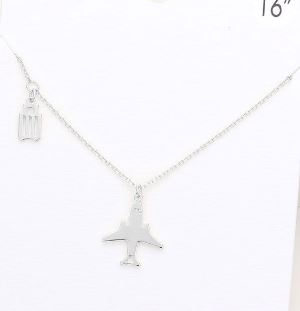 Brass Metal Airplane Suitcase Pendant Necklace -  Silver