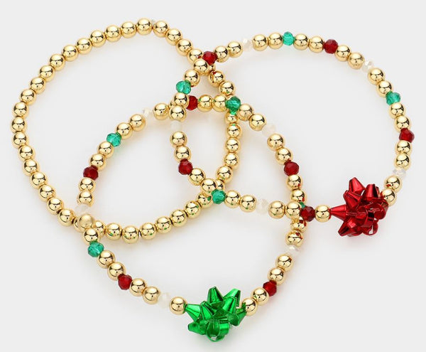 Christmas Gift Bow Accented Metal Ball Stretch Bracelets -  Multi Colored