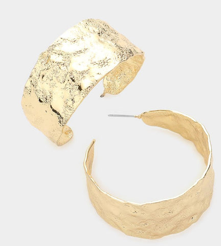 Textured Metal Hoop Earrings -  Gold