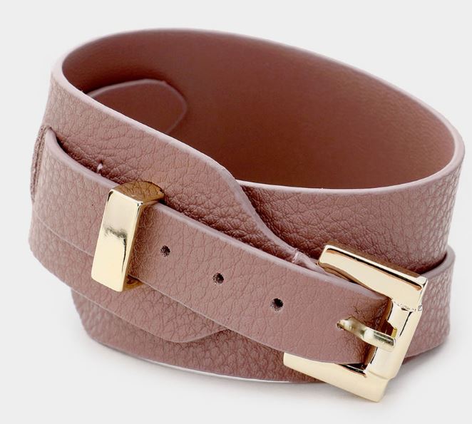 Faux Leather Belt Buckle Wrap Bracelet - Gold, Pink
