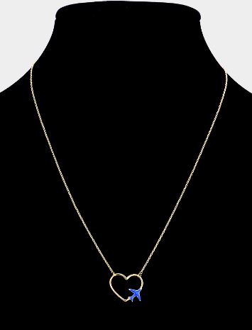 Enamel Airplane Pointed Brass Metal Open Heart Pendant Necklace - Blue