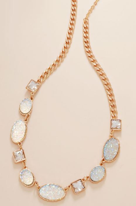 Oval Druzy Square Stone Cluster Station Necklace - White
