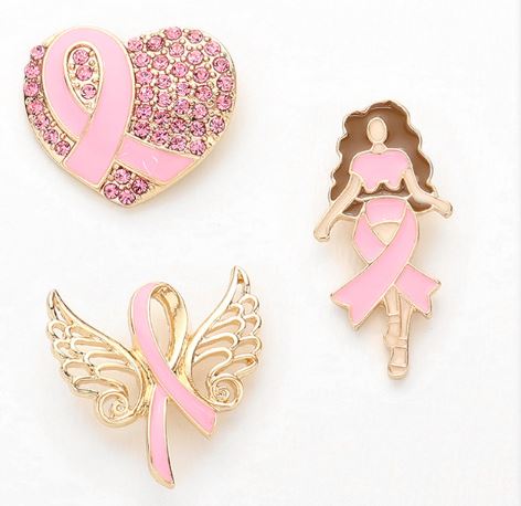 Pink Ribbon Pointed Heart, Angel Wings, Afro Girl Pin Brooches - 3pcs