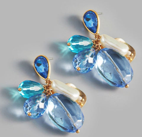 Pearl Geometric Bead Link Dangle Earrings - Blue