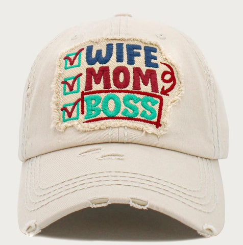 "WIFE MOM BOSS"  Vintage Baseball Cap - Ivory