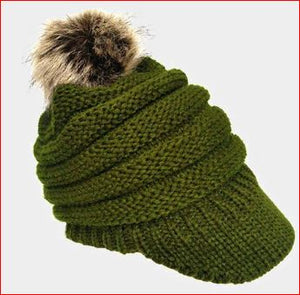 Soft Knit Faux Pom Pom Visor Hat - Olive Green/Brown