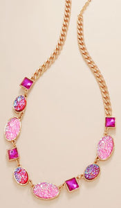 Oval Druzy Square Stone Cluster Station Necklace - Pink