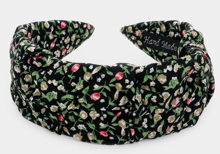 Flower Patterned Pleated Headband - Black
