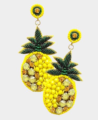 Felt Back Stone Faceted Beaded Pineapple Dangle Earrings -  Yellow