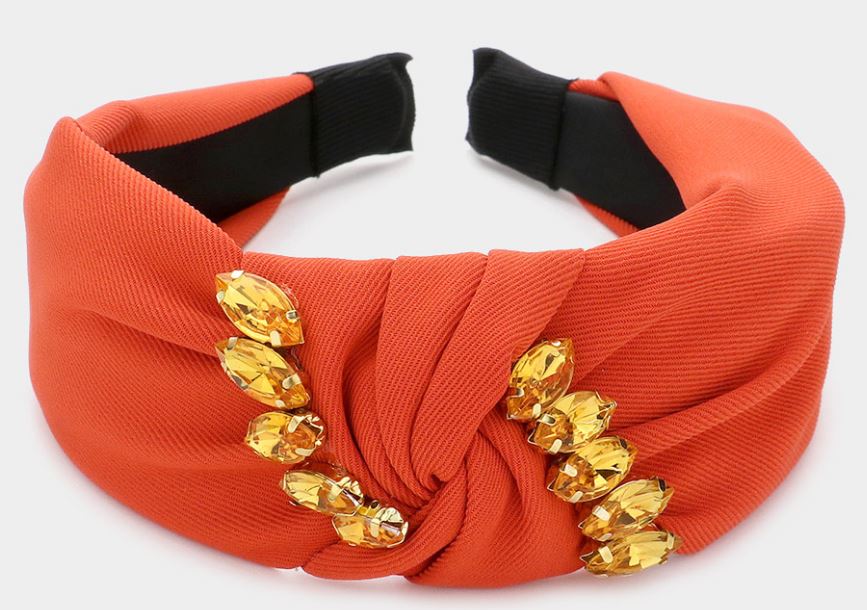 Marquise Stone Embellished Knot Burnout Headband - Orange
