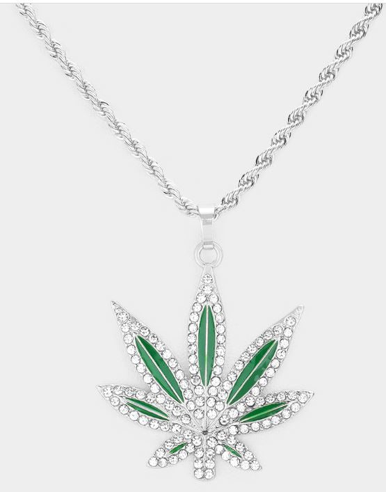 Rhinestone Embellished Enamel Metal Hemp Leaf Pendant Necklace - Silver, Green