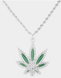 Rhinestone Embellished Enamel Metal Hemp Leaf Pendant Necklace - Silver, Green