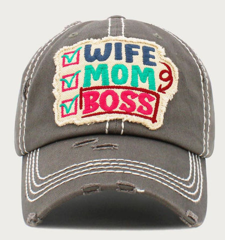 "WIFE MOM BOSS"  Vintage Baseball Cap - Gray