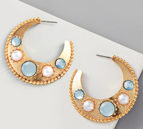 Pearl Bead Embellished Metal Hoop Earrings - Light Blue