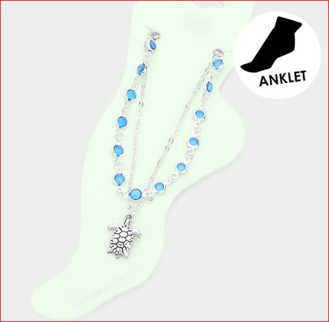 Metal Turtle Charm Round Bead Link Double Layered Anklet - Blue