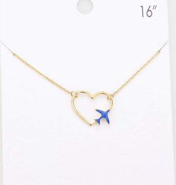 Enamel Airplane Pointed Brass Metal Open Heart Pendant Necklace - Blue