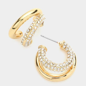 Rhinestone Embellished Split Metal Hoop Earrings - Gold