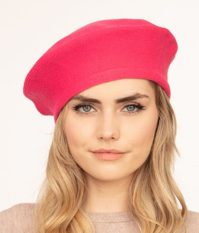 Stretchy Solid Beret Hat - Hot Pink