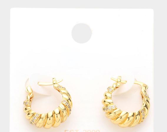 Rhinestone Embellished Metal Hoop Pin Catch Earrings - Gold