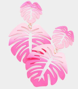 Ombre Metal Double Tropical Leaf Link Dangle Earrings -  Pink