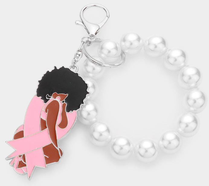 Pink Ribbon Afro Girl Pearl Stretch Keychain / Bracelet - Silver