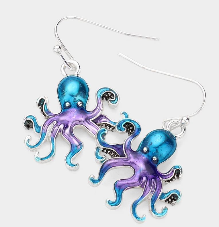 Enamel Octopus Dangle Earrings - Blue, Purple